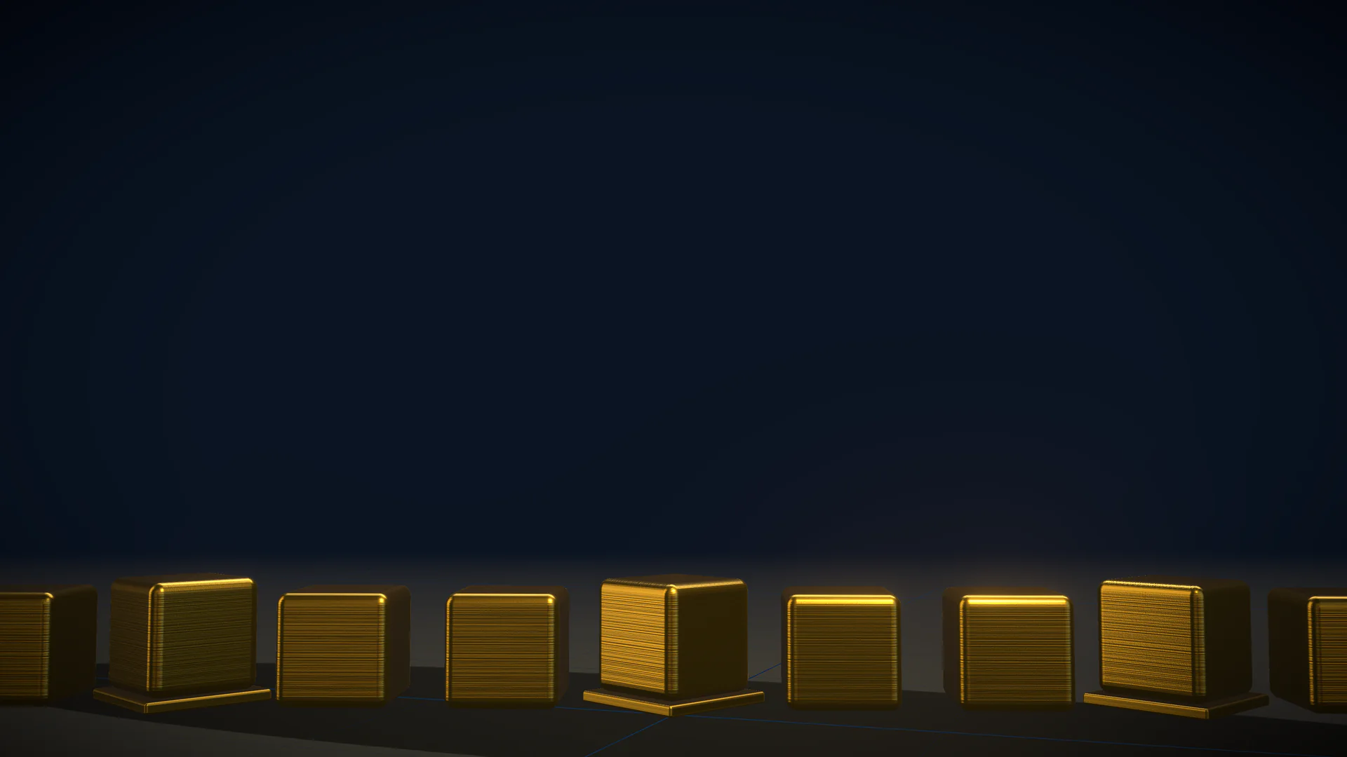 Nine small polished gold cubes in a row on a dark reflective floor, every third one turned and raised on a thin shim