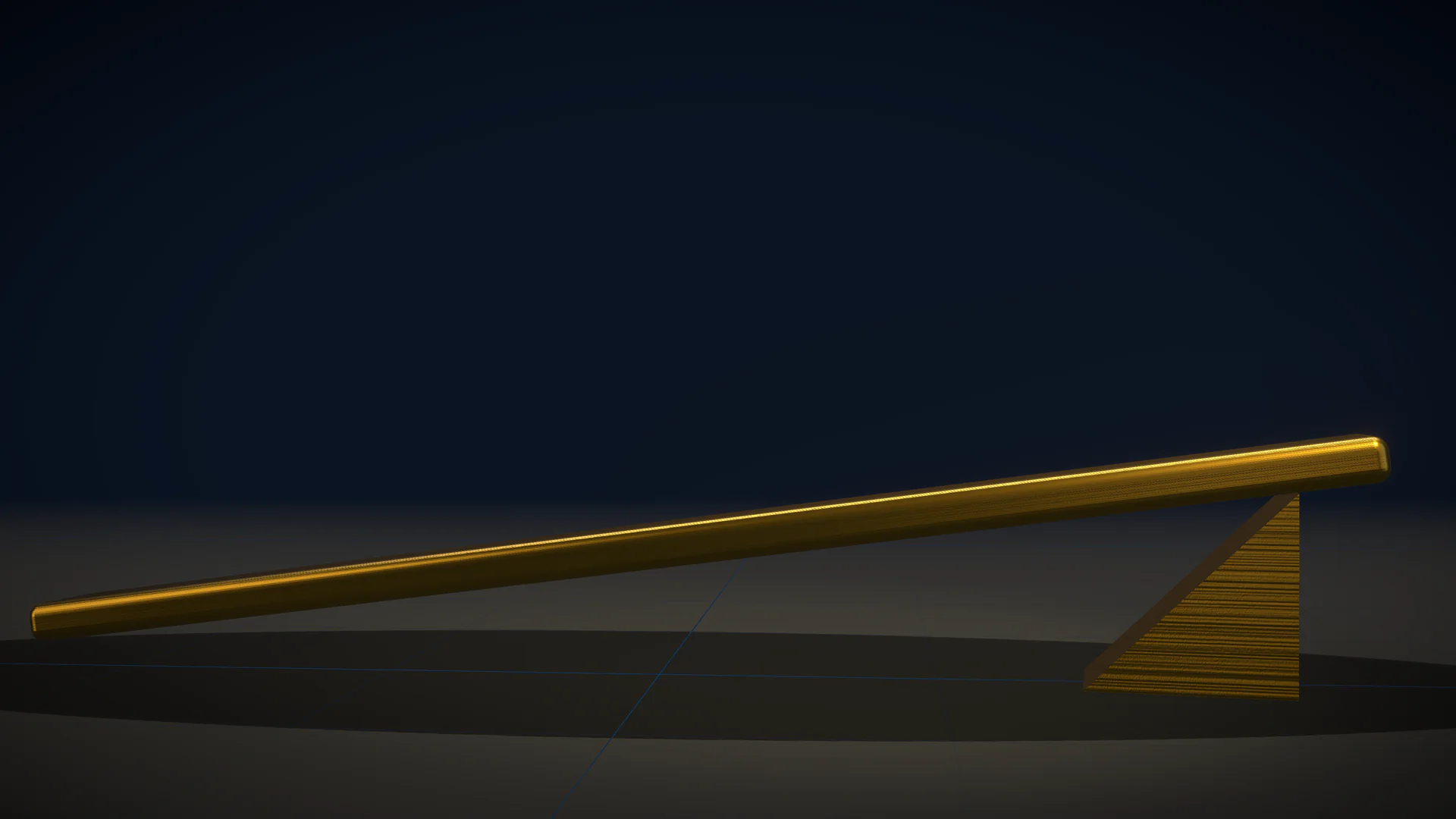 A long thin brushed gold bar on a dark reflective floor, one end lifted by a small wedge so it rises to the right