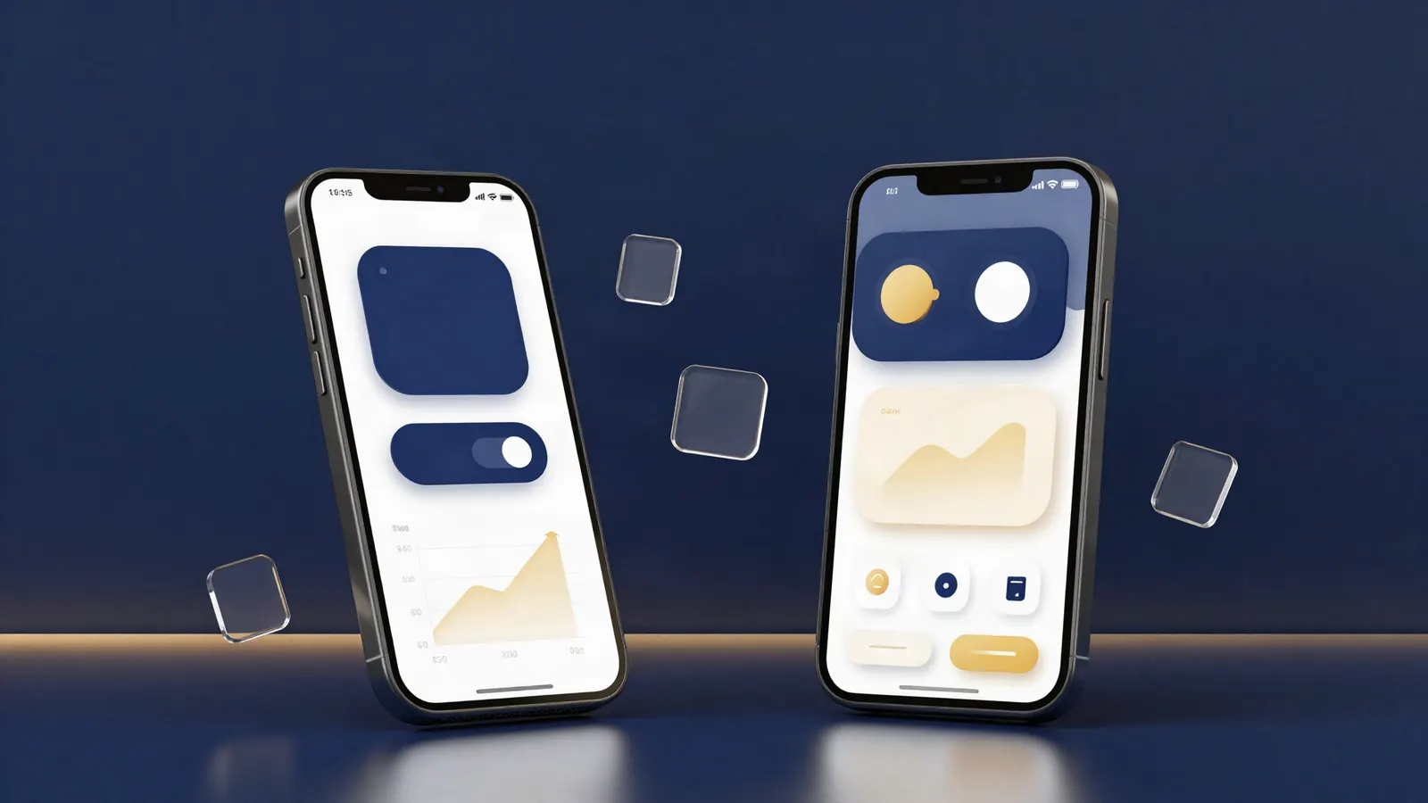 Two smartphones showing a navy and gold mobile app interface with floating glass app tiles