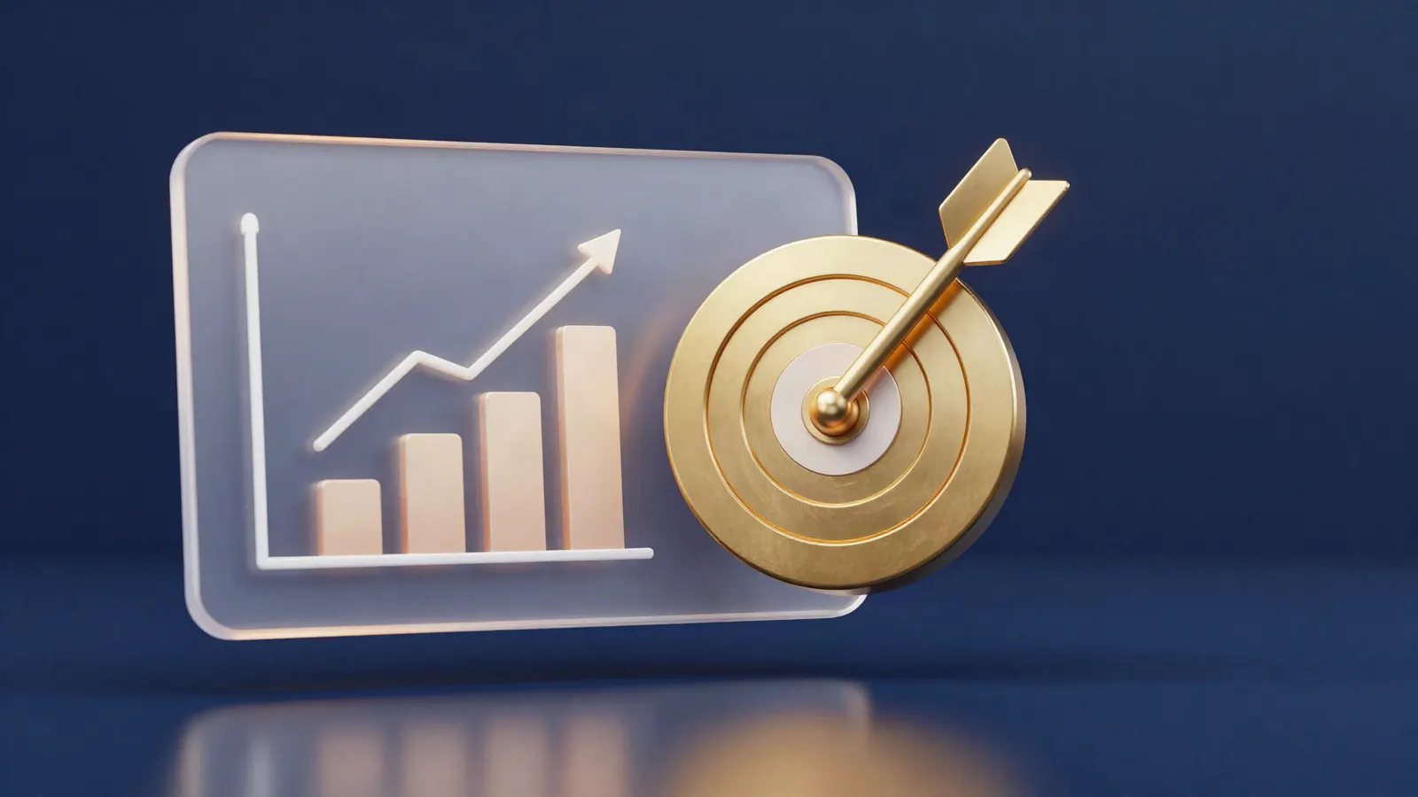 A glass analytics panel with a rising bar chart beside a gold bullseye target with an arrow in the centre